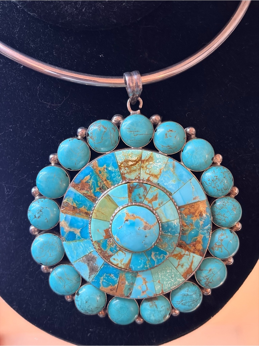 Turquoise Inlay Round Pendant  - Blue Statement Jewelry